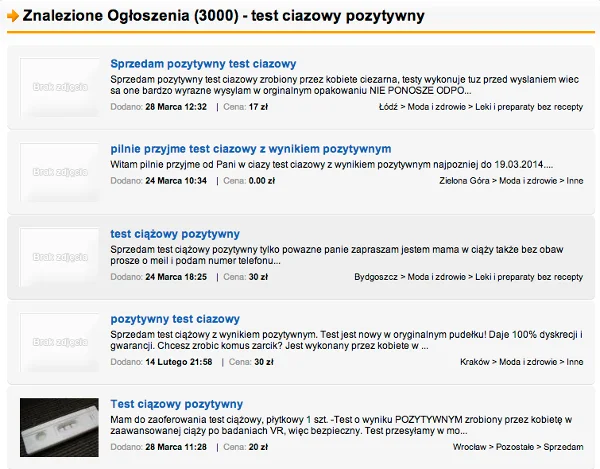 Ogłoszenia o sprzedaży pozytywnych testów ciążowych
