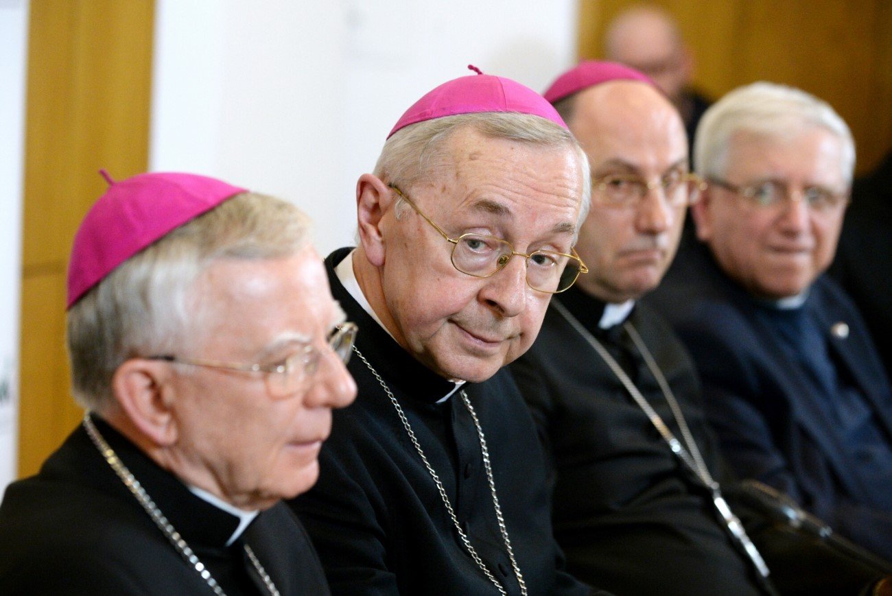 Warszawa, 14.03.2019. Konferencja po zakonczeniu 382. Zebrania Plenarnego Konferencji Episkopatu Polski. N/z abp Marek Jedraszewski, przewodniczacy KEP abp Stanislaw Gadecki, prymas Polski abp Wojciech Polak, ks. Adam Zak. Warszawa, 14.03.2019. Konferencja po zakonczeniu 382. Zebrania Plenarnego Konferencji Episkopatu Polski. N/z abp Marek Jedraszewski, przewodniczacy KEP abp Stanislaw Gadecki, prymas Polski abp Wojciech Polak, ks. Adam Zak.