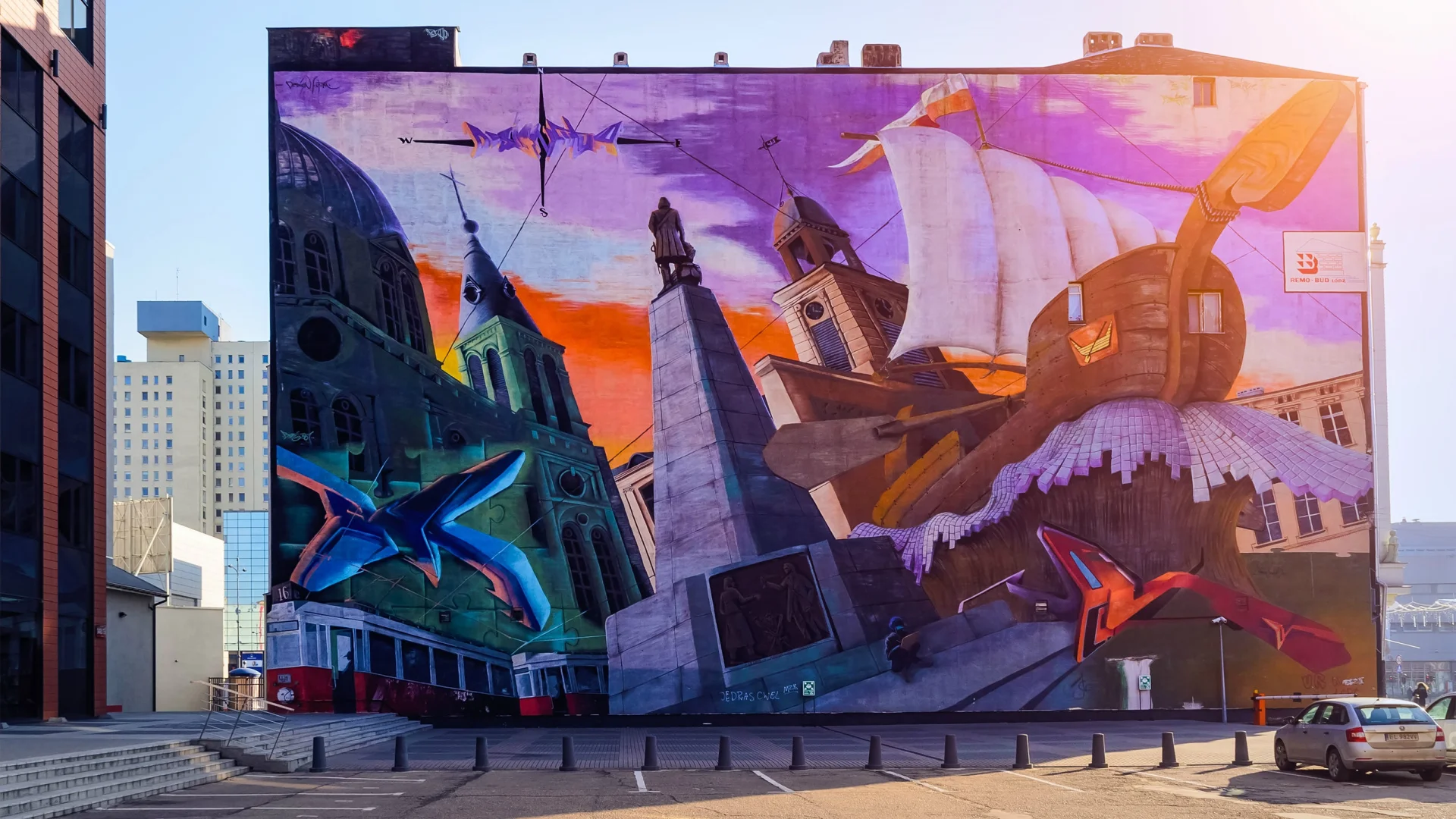 Mural przedstawiający łódzkie zabytki