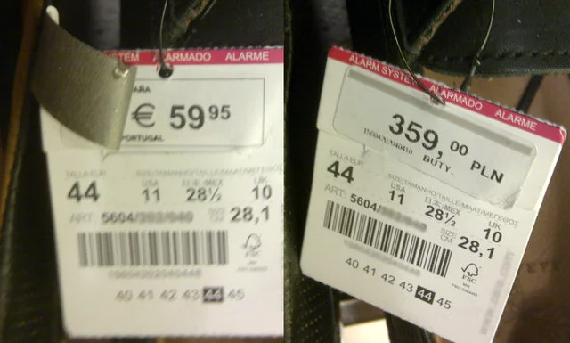 Polityka zagranicznej firmy w Polsce.  Po lewej cena butów  w euro, po prawej w złotówkach.
