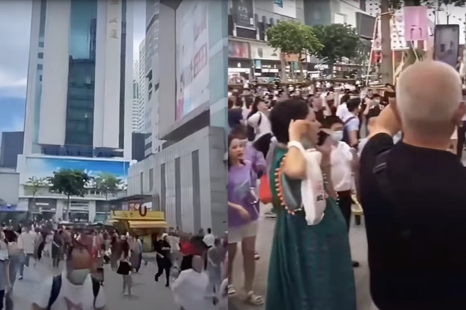 Trzęsienie wieżowca w Chinach. Ewakuacja i panika przed budynkiem.