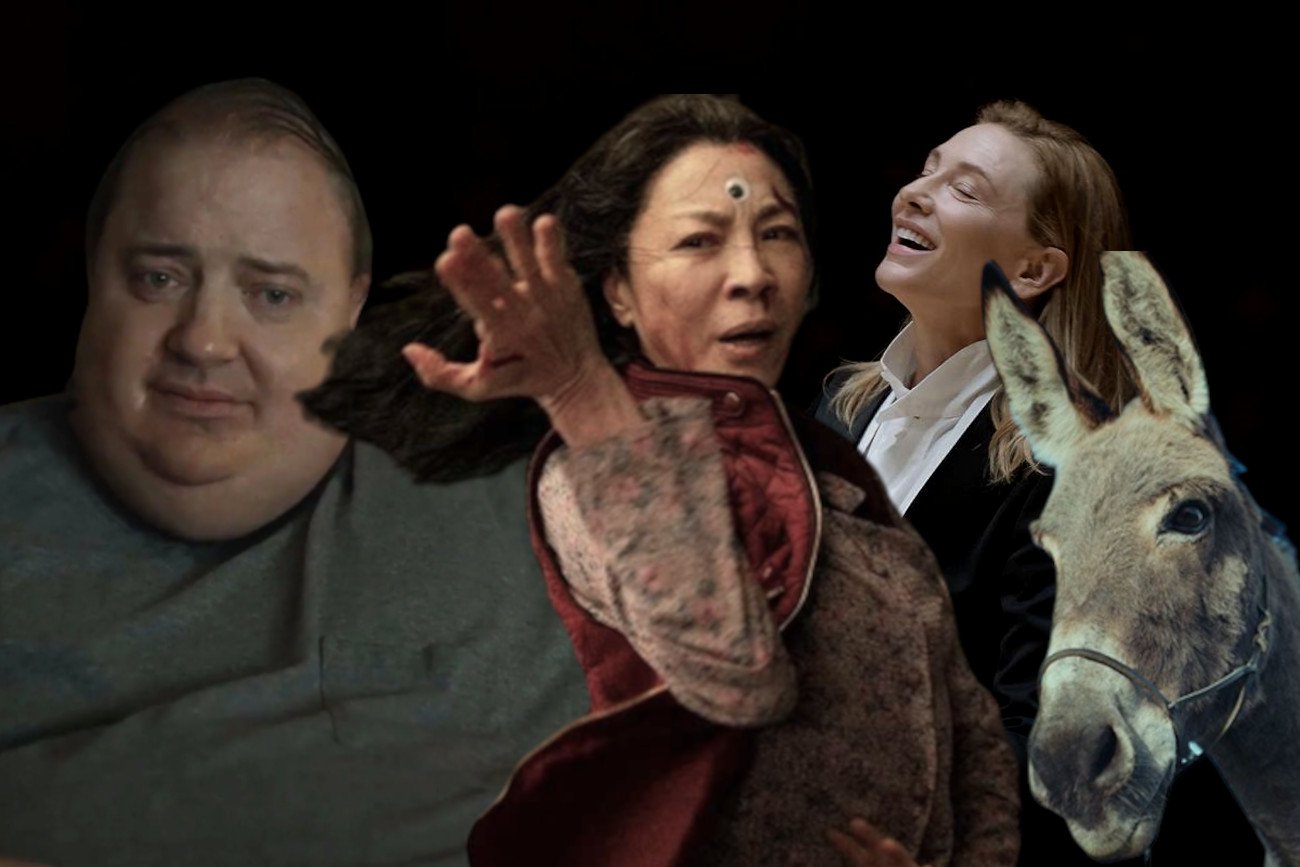 Kadry z filmów: "Wieloryb", "Wszystko wszędzie naraz", "Tár" i "IO"