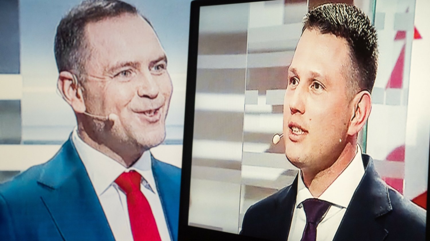 Od lewej: Karol Nawrocki i Sławomir Mentzen podczas debaty przed wyborami prezydenckimi.