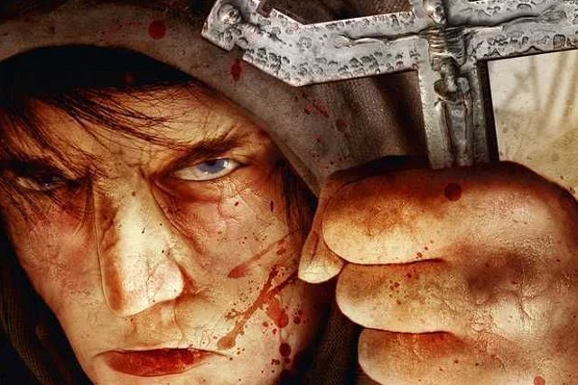 Fragment okładki autorstwa Piotra Cieślińskiego do książki „Ja inkwizytor. Wieże do nieba” Jacka Piekary wydawnictwa Fabryka Słów