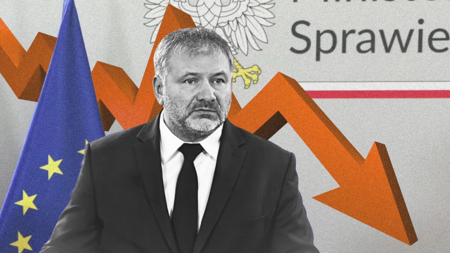 Nowy sondaż nie jest zbyt korzystny dla Waldemara Żurka. Minister sprawiedliwości Waldemar Żurek. W tle ilustracja spadających słupków sondażowych