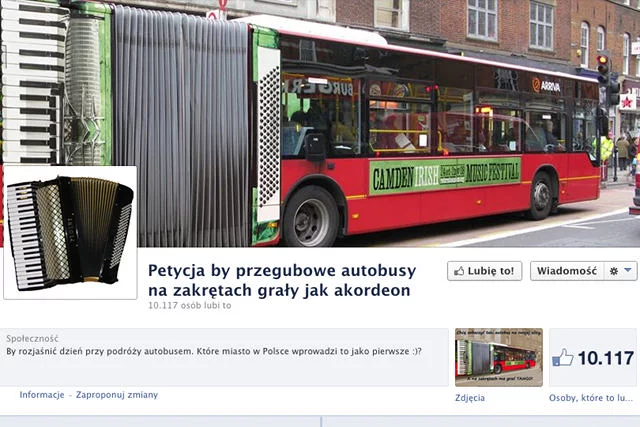 Już ponad 10 tys. osób polubiło pomysł, żeby autobusy przegubowe grały, jak akordeon.