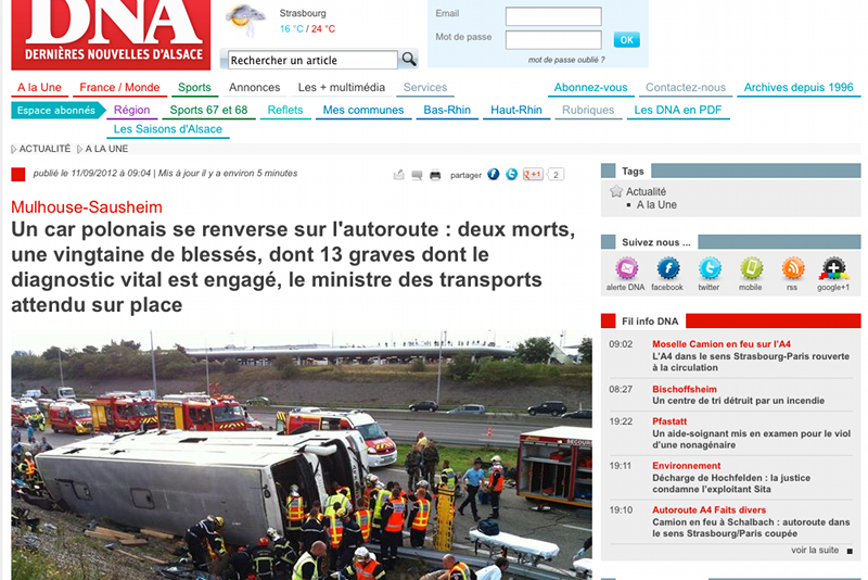 Zrzut ekranu francuskiej strony informującej o wypadku polskiego autokaru.