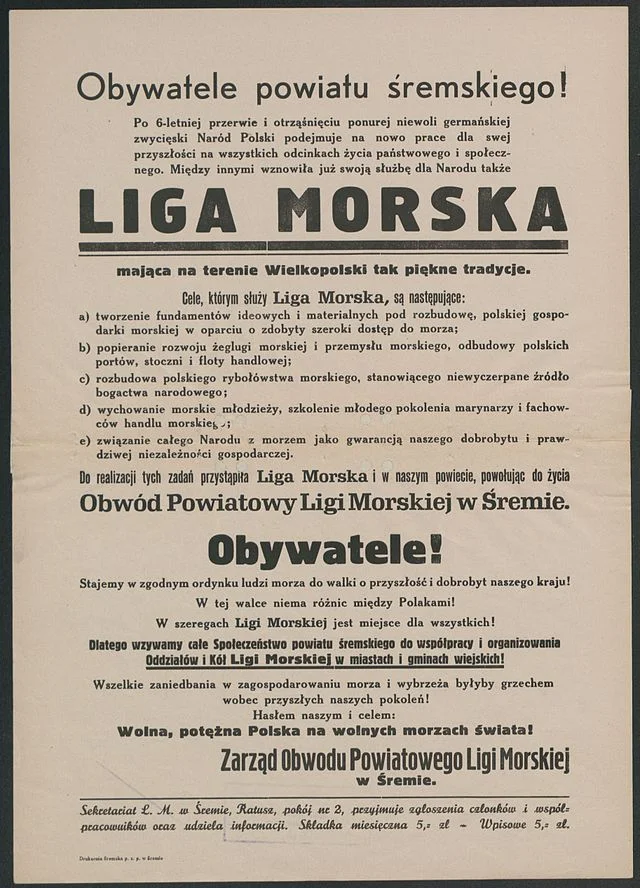 Odezwa Ligi Morskiej w Śremie, 1924 rok.