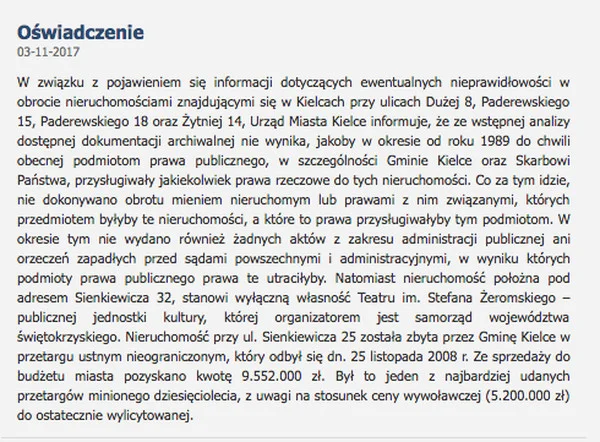 Oświadczenie Urzędu Miasta w Kielcach w sprawie informacji o reprywatyzacji z FB posła Dominika Tarczyńskiego.
