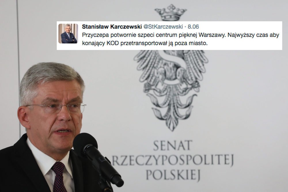 Stanisław Karczewski uważa, że licznik i przyczepa KOD szpecą teren i trzeba je przenieść poza miasto.