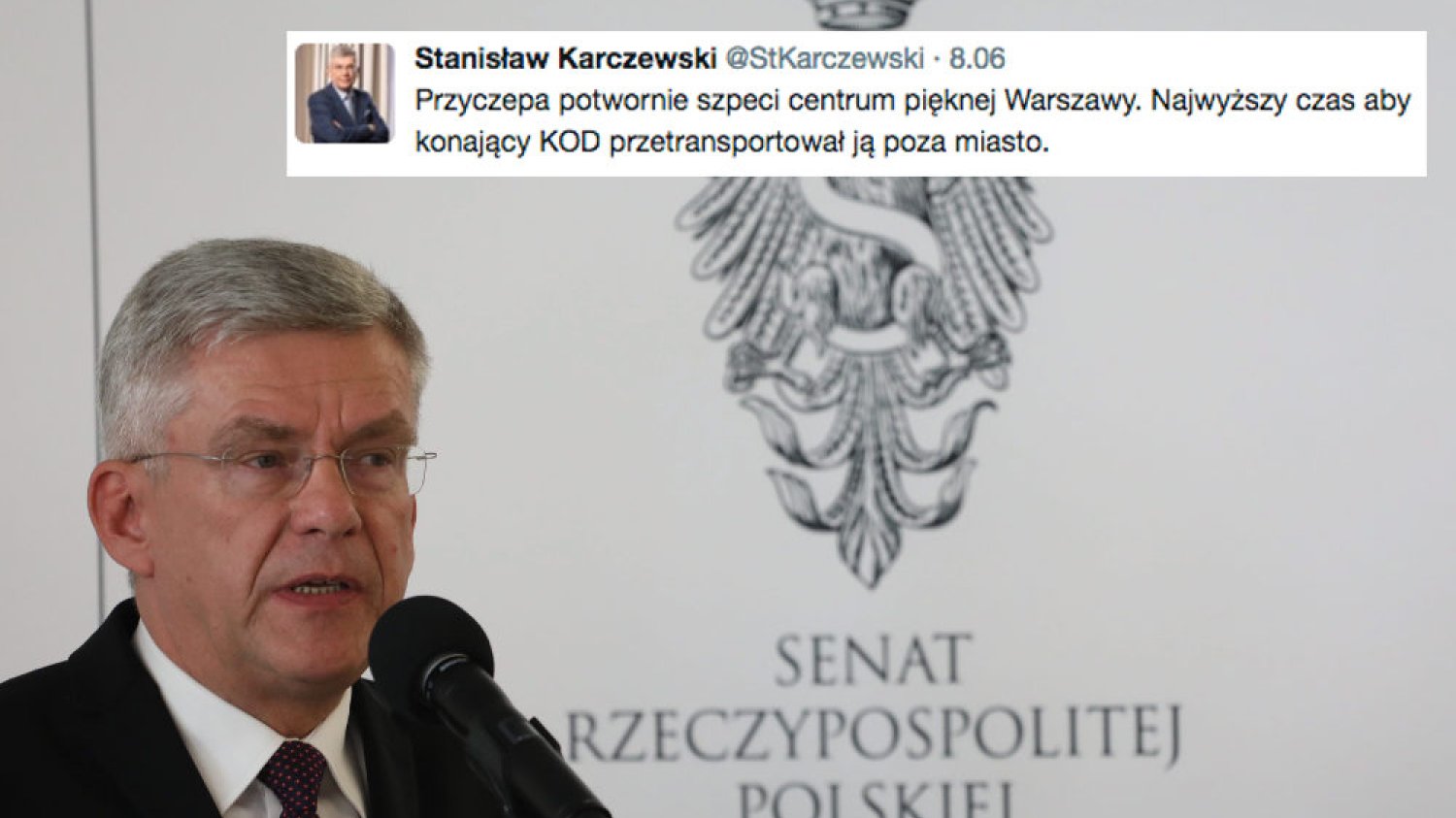 Stanisław Karczewski uważa, że licznik i przyczepa KOD szpecą teren i trzeba je przenieść poza miasto.