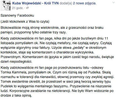 Wojewódzki pisze do Facebooka. Nie podoba mu się to, że zawieszają jego konto. a swobodna wymiana myśli jest cenzurowana przez administratorów.