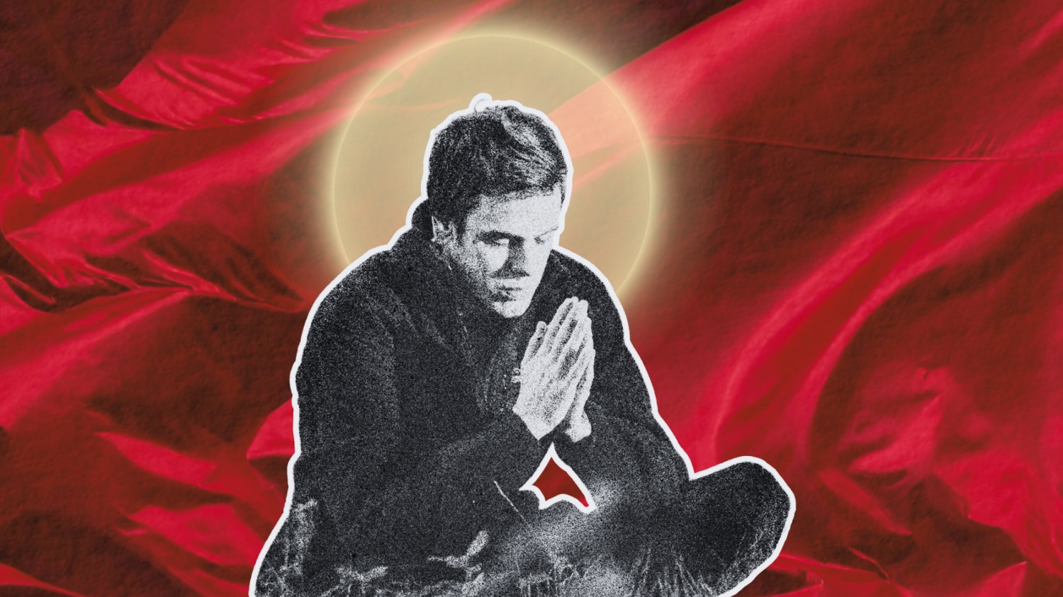 Święty narcyzm. Czyli o tym, kiedy religijność to napęd toksyczności Kolaż, na tle czerwonej flagi mężczyzna ze złączonymi dłońmi, za nim żółta aureola.