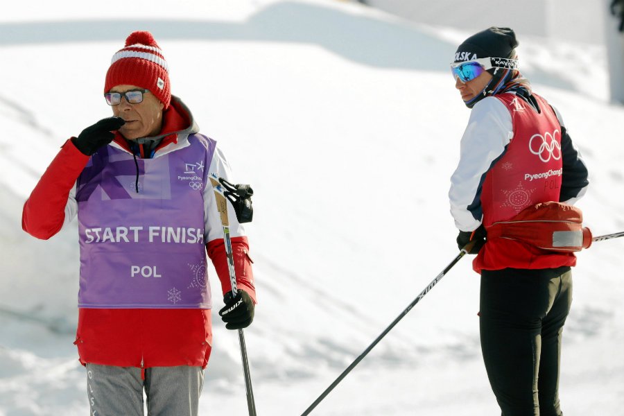 Justyna Kowalczyk z Aleksandrem Wierietelnym podczas treningu w Pjongczangu
