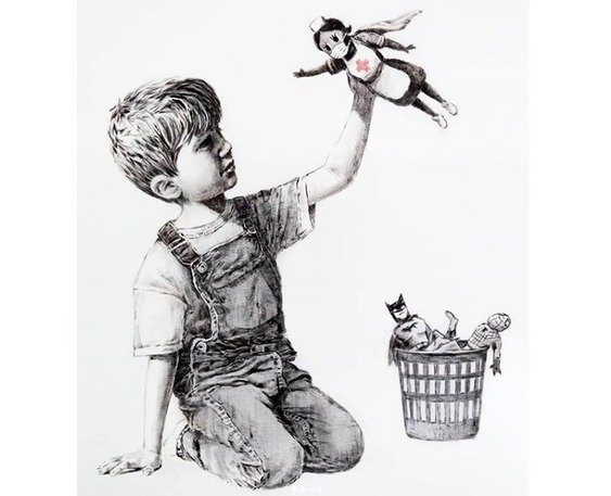 Banksy. Nowy obraz "Game changer" w podzięce dla lekarzy, służby zdrowia, pielęgniarek i medyków walczących z covid-19.