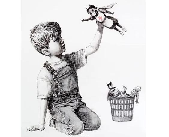 Banksy. Nowy obraz "Game changer" w podzięce dla lekarzy, służby zdrowia, pielęgniarek i medyków walczących z covid-19.