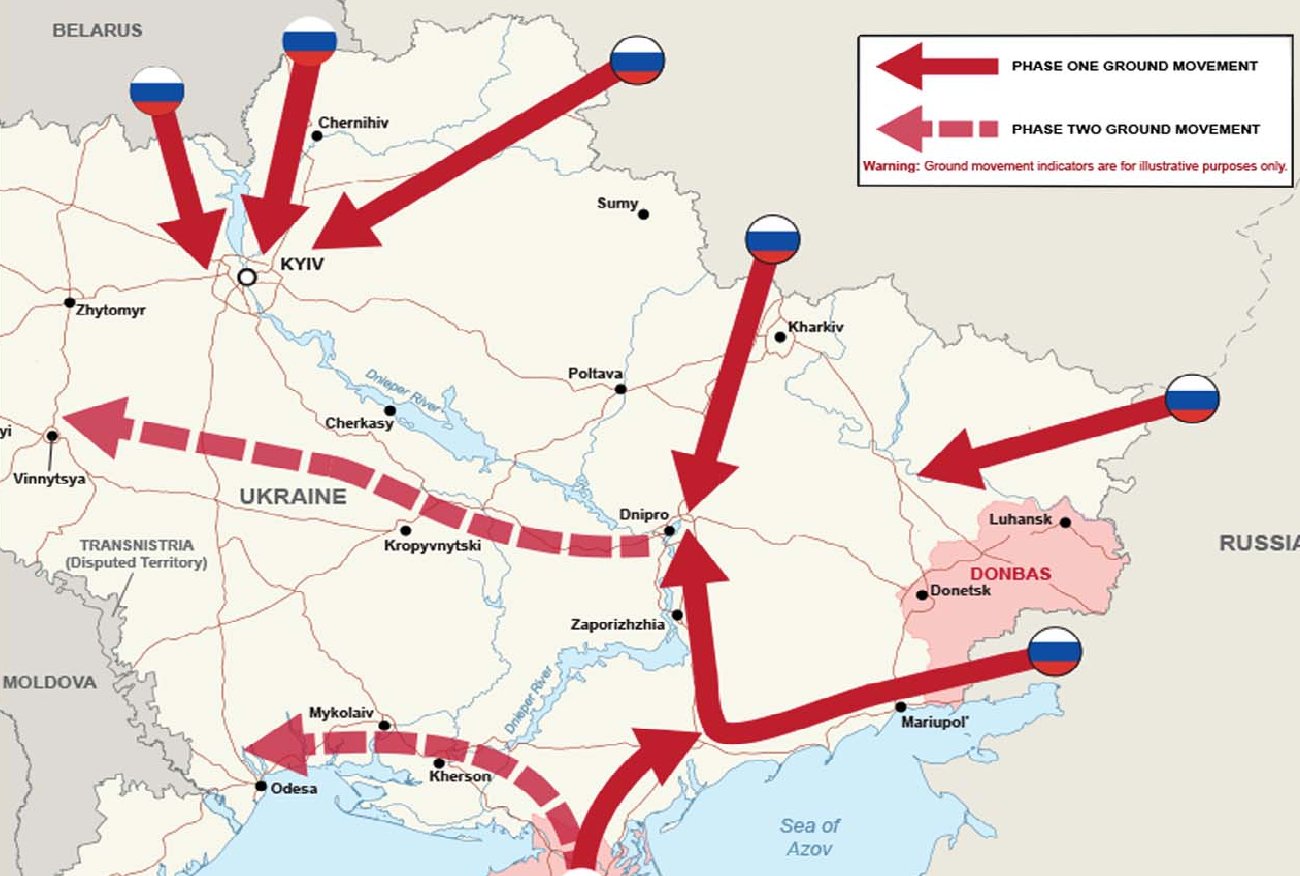 Atak Rosji na Ukrainę podzielony na dwie fazy? Brytyjskie ministerstwo publikuje mapę.