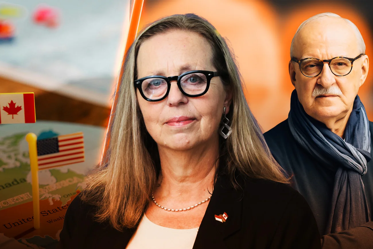 Małgorzata Bonikowska i Jacek Pałasiński na tle flag Kanady i USA.