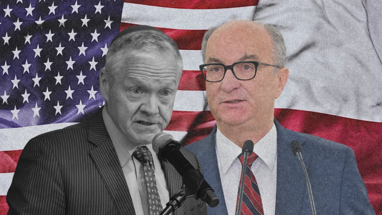 Thomas Rose i Włodzimierz Czarzasty na tle flag Polski i USA