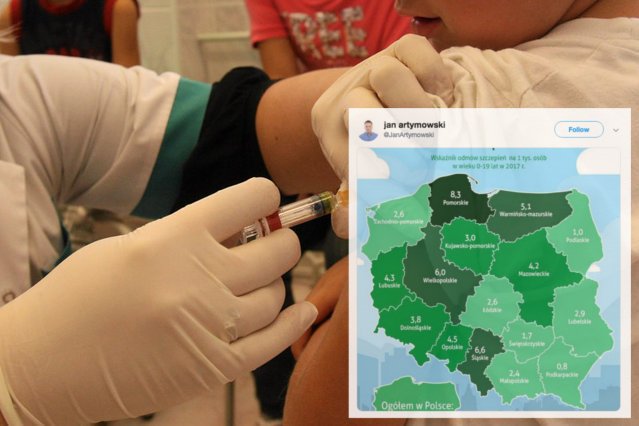 Mapka ze wskaźnikiem odmów szczepień w Polsce to hit Twittera