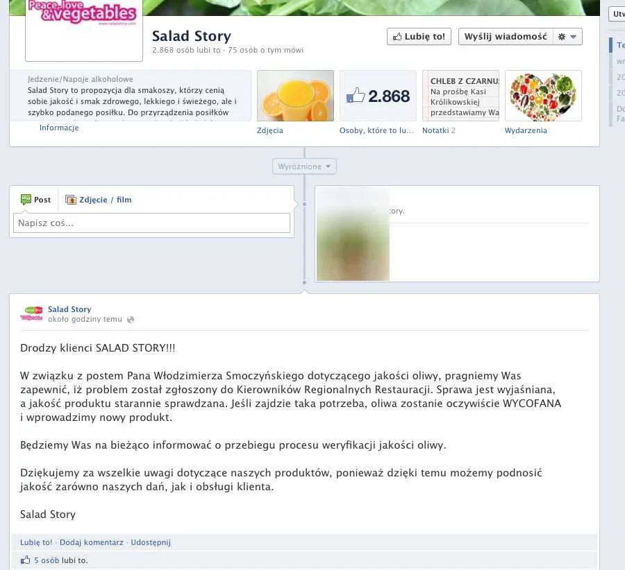Post na facebookowym profilu Salad Story