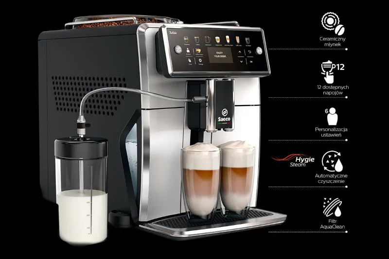 Saeco Xelsis SM7581/00 - zautomatyzowany ekspres ciśnieniowy posiadający 12 programów parzenia kawy i 6 profili użytkownika oraz wyposażony w ceramiczny młynek i filtr wykonany w technologii AquaClean