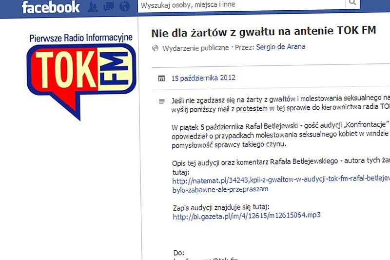 "Nie dla żartów z gwałtu na antenie TOK FM". Internauci protestują przeciwko Rafałowi Betlejewskiemu i TOK FM