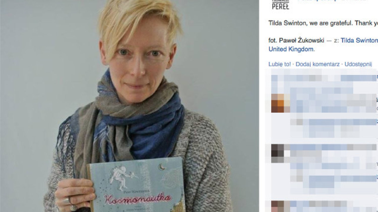 Tilda Swinton z książką "Kosmonautka"