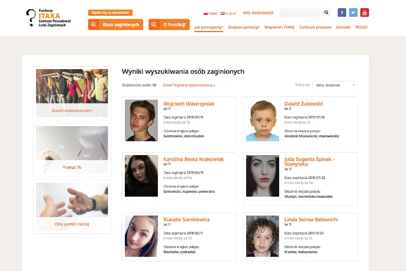 W bazie zaginionych Fundacji ITAKA – Centrum Poszukiwań Ludzi Zaginionych znajduje się 10 dzieci, których wiek nie przekroczył 18 lat