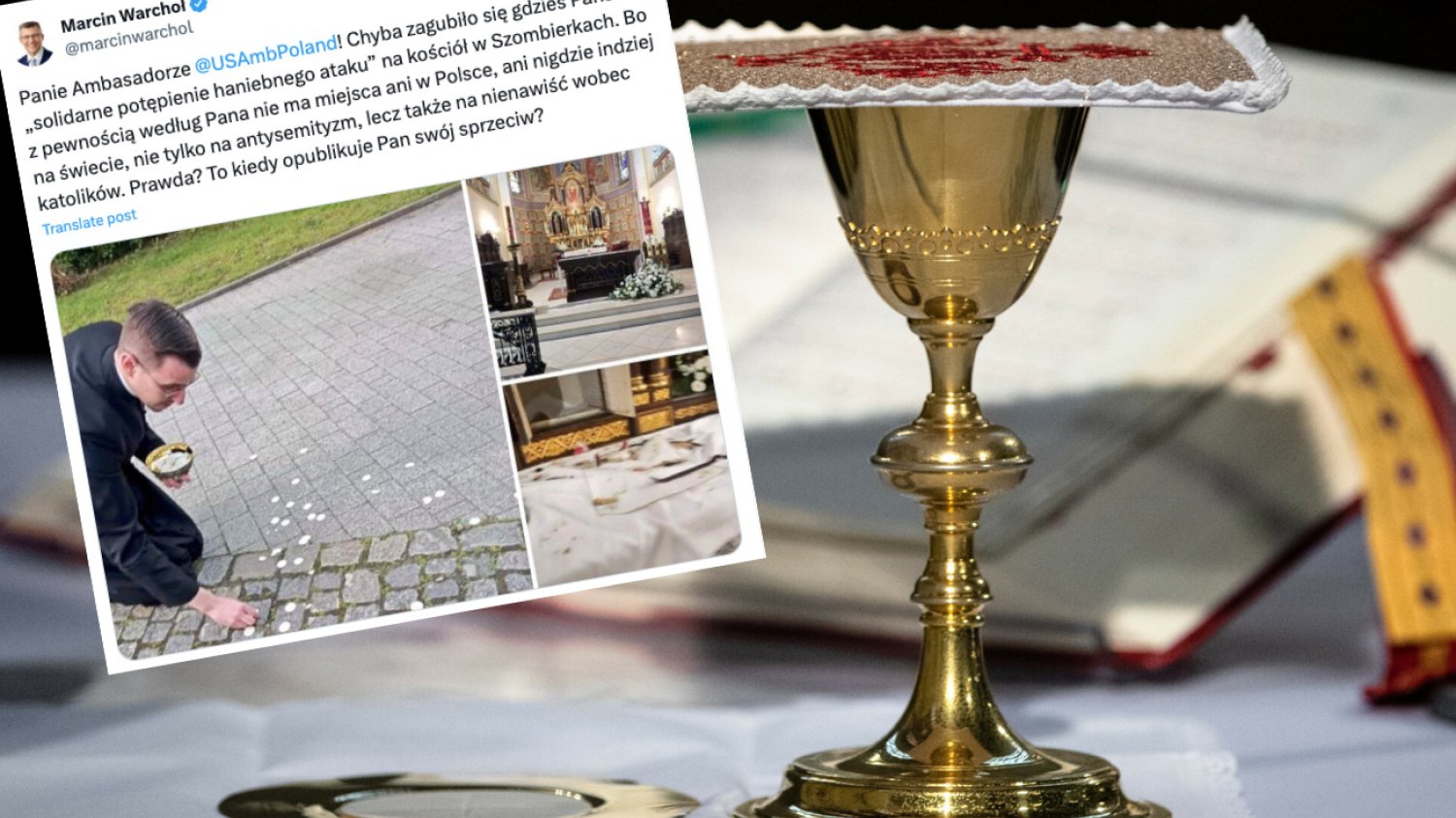Profanacja kościoła w Szombierkach. Marcin Warchoł wzywa ambasadora USA