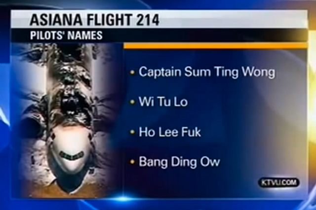 Fragment reportażu KTVU, w którym podano "nazwiska" pilotów