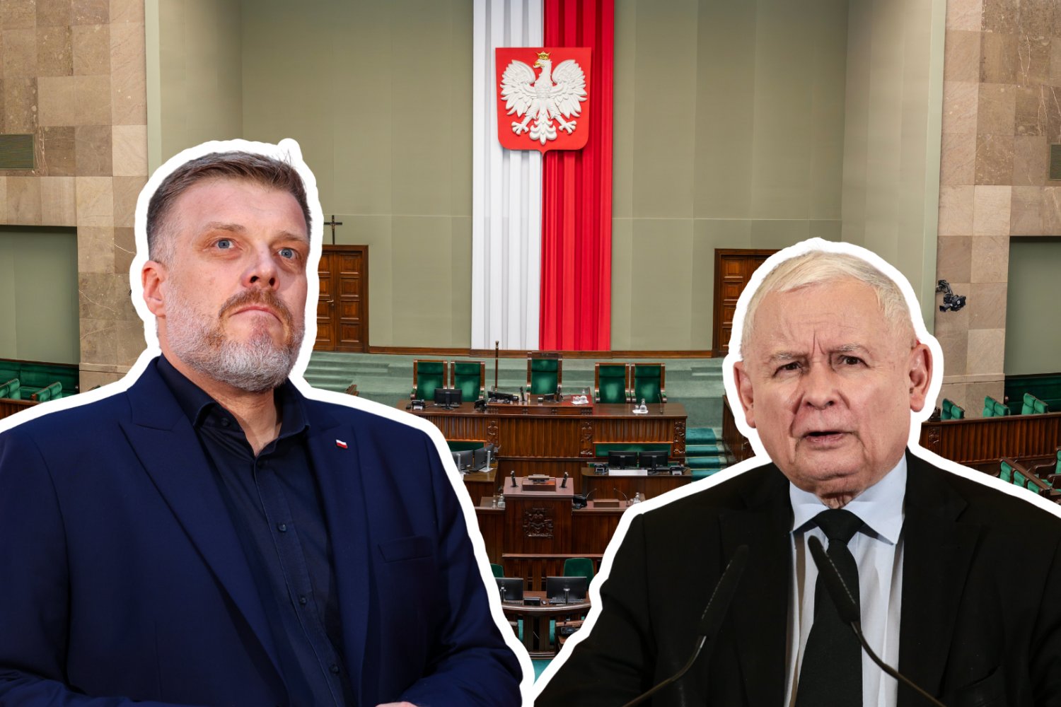 Adrian Zandberg i Jarosław Kaczyński, w tle Sejm