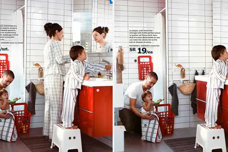 Po lewej – katalog IKEA bez cenzury, po prawej – z już wyciętą kobietą