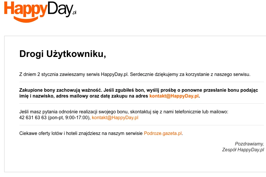 Serwis HappyDay kończy swoją działalność.