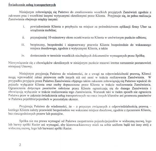 Fragment umowy kierowca-spółka w Uberze