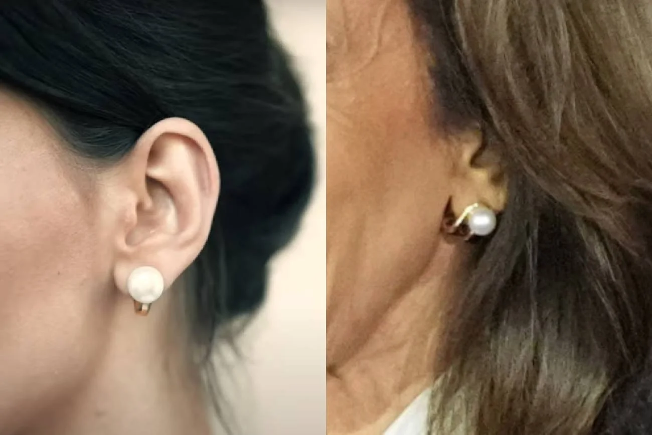Po lewej widzimy kolczyki audio Nova H1, a po prawej zwykłe kolczyki Tiffany, które podczas debaty założone miała Kamala Harris. Po lewej widzimy kolczyki audio Nova H1, a po prawej zwykłe kolczyki Tiffany, które podczas debaty założone miała Kamala Harris.