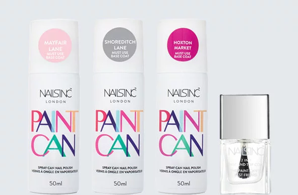 Różne warianty kolorystyczne lakierów Nails Inc w spray'u.