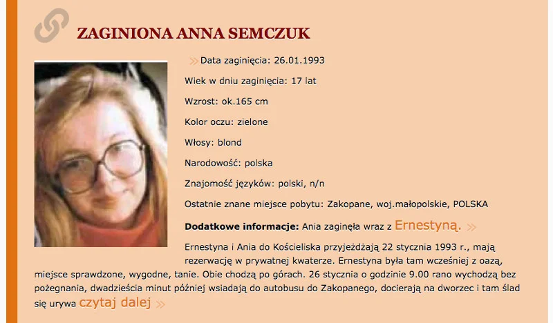 Zaginiona Anna Semczuk, koleżanka Ernestyny. Screen ze strony zaginieni.org.uk
