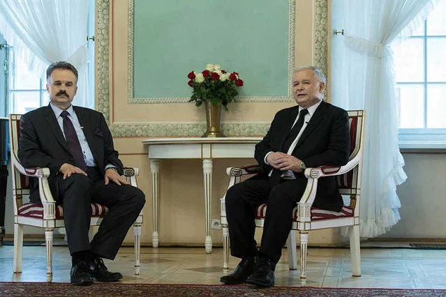 Jarosław Kaczyński i Waldemar Paruch – dzisiaj naczelny "Przeglądu Sejmowego", w 2014 roku kandydat PiS do PE.