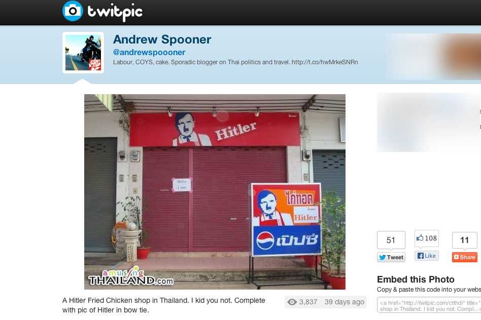 O kontrowersyjnej restauracji w Bangkoku poinformował na Twiiterze Andrew Spooner, autor przewodników po Tajlandii.