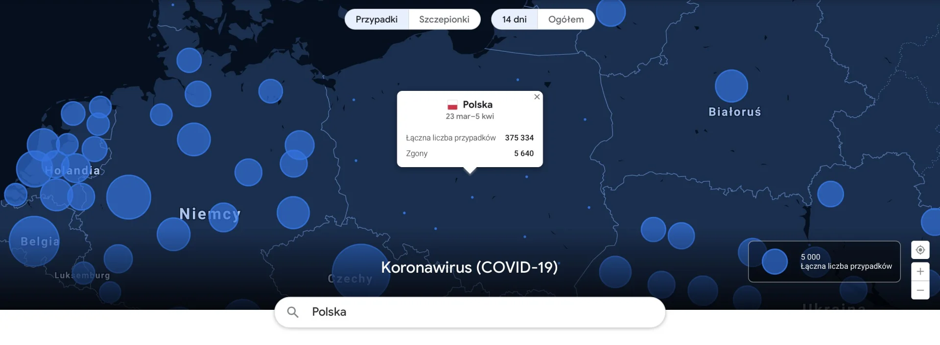 Google zapewnia statystyki koronawirusa.