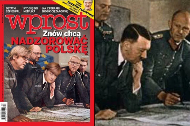 Po lewej okładka "Wprost", a po prawej fotografia z II wojny światowej, na której wzorowała się redakcja.