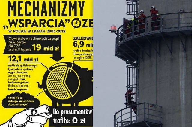 Dotacje dla starej energetyki to palenie pieniędzy, uważają ekolodzy i protestują. Nawet na kominach elektrowni.