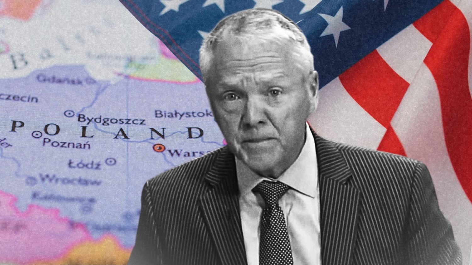 Tom Rose na celowniku. Nawet wśród Republikanów wzywają do dymisji ambasadora USA w Polsce. Ambasador USA w Polsce Tom Rose. W tle mapa Polski i flaga USA.