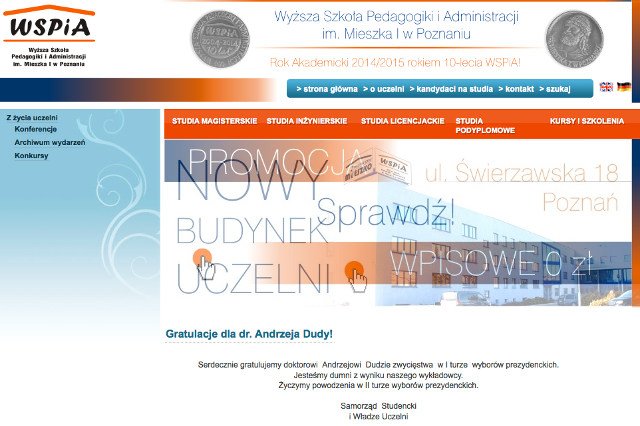 Wyższa Szkoła Pedagogiki i Administracji im. Mieszka I w Poznaniu pogratulowała dr. Andrzejowi Dudzie zwycięstwa w pierwszej turze wyborów
