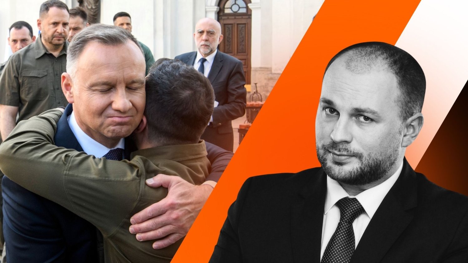 Problem z orderami dla Ukraińców to lekcja. Po co było je dawać "na zachętę"? Andrzej Duda przytula Wołodymyra Zełenskiego, w tle ochrona; po prawej czarno-białe zdjęcie autora felietonu Jakuba Nocha z naTemat.pl