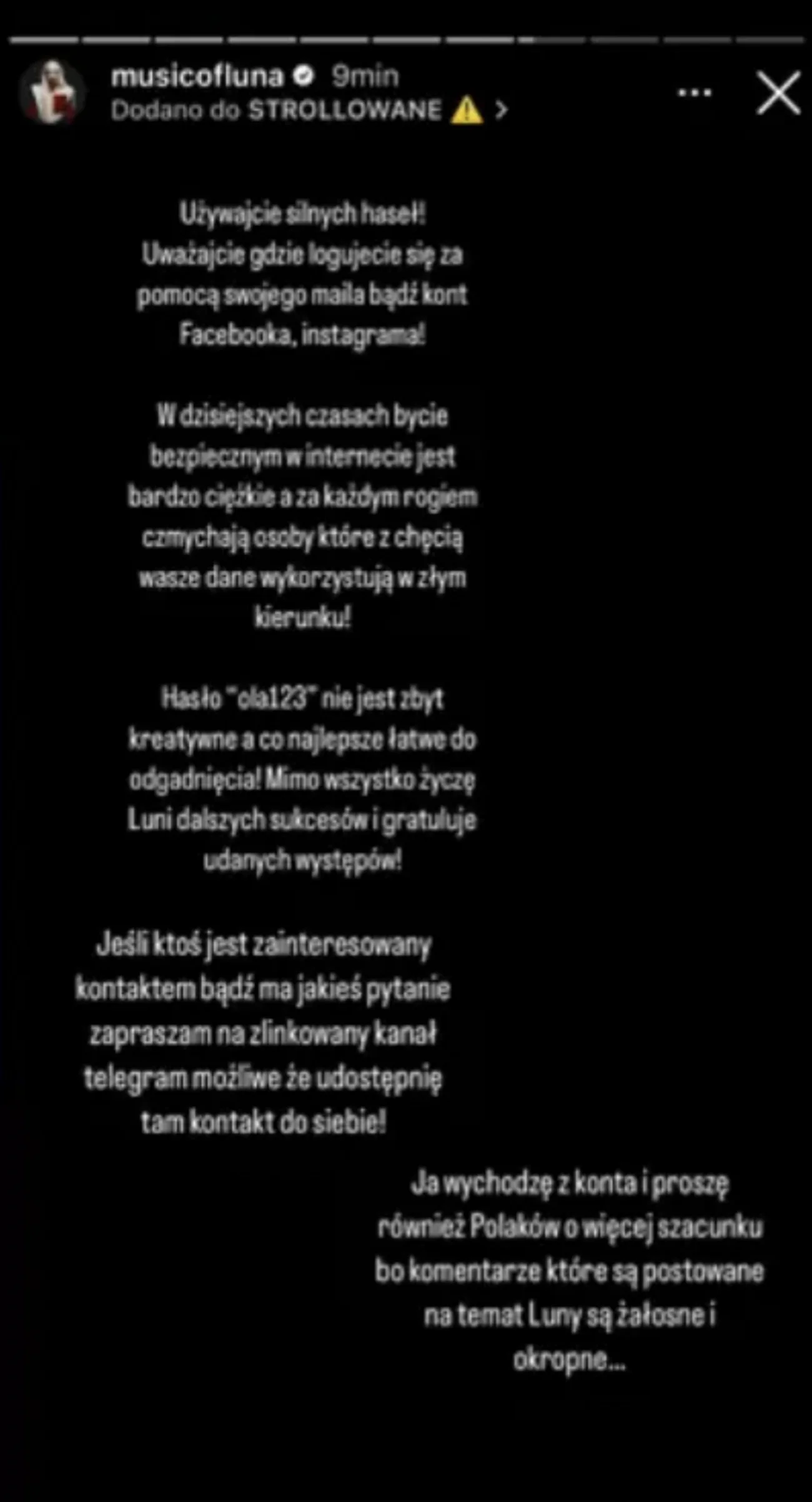 Konto Luny na Instagramie zhakowane. Zaskakująca wpis włamywacza