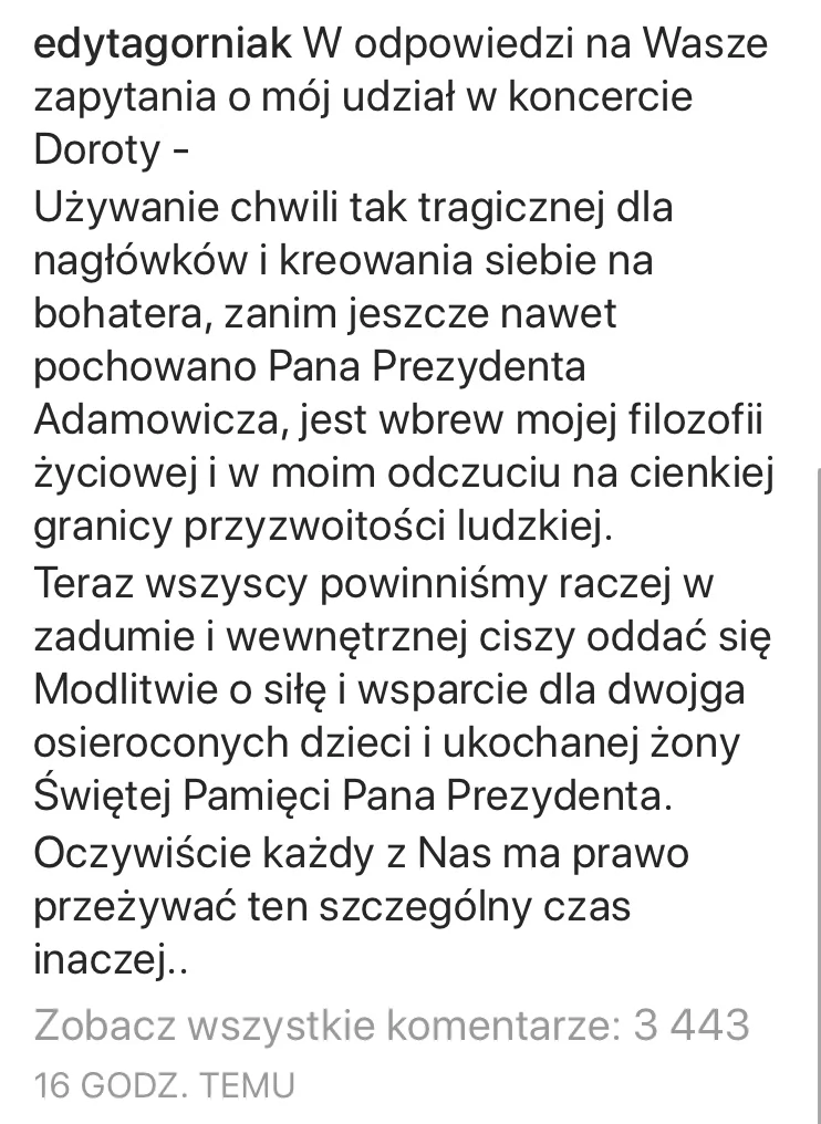 Screen oświadczenia Edyty Górniak