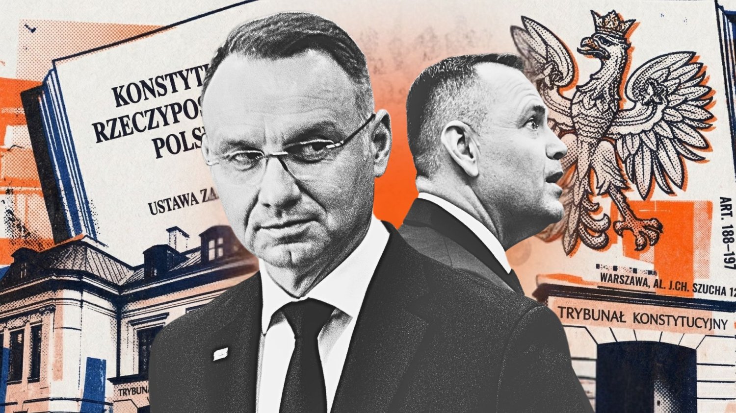Ależ Duda wkopał Nawrockiego. Choć akurat u niego słowa o ślubowaniu sędziów TK zaskakują Andrzej Duda, a za nim Karol Nawrocki. Obaj na tle grafiki przedstawiającej Trybunał Konstytucyjny.