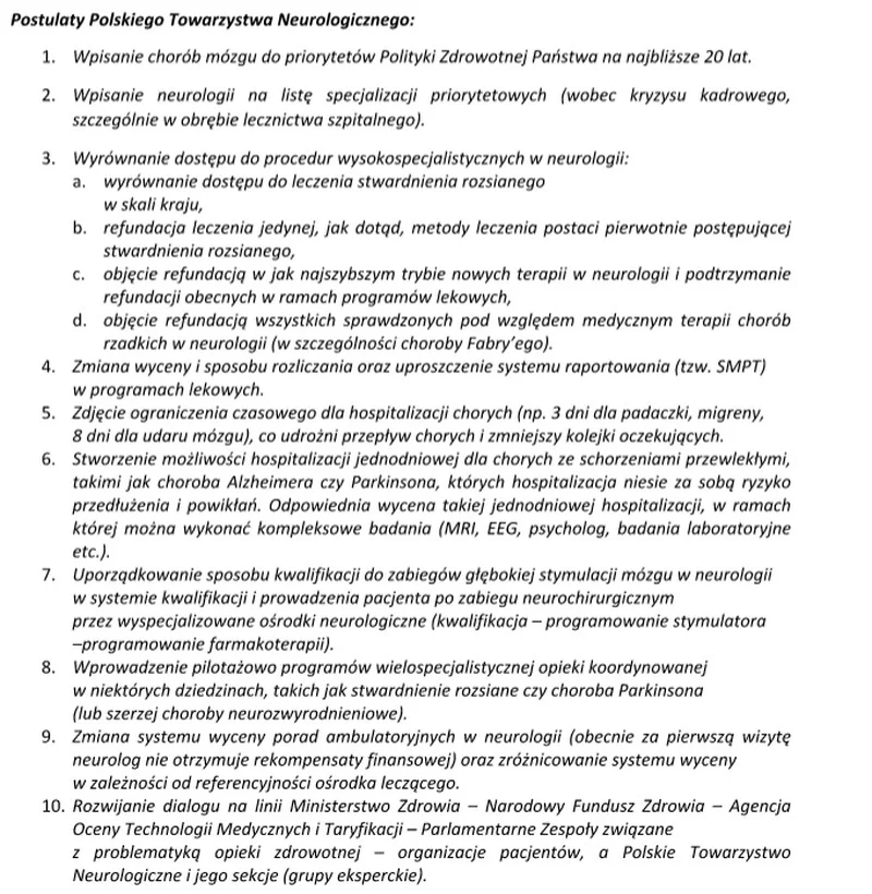 Postulaty Polskiego Towarzystwa Neurologicznego
